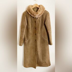 Vintage Brown Suede Coat with Fur Collar long trench coat length